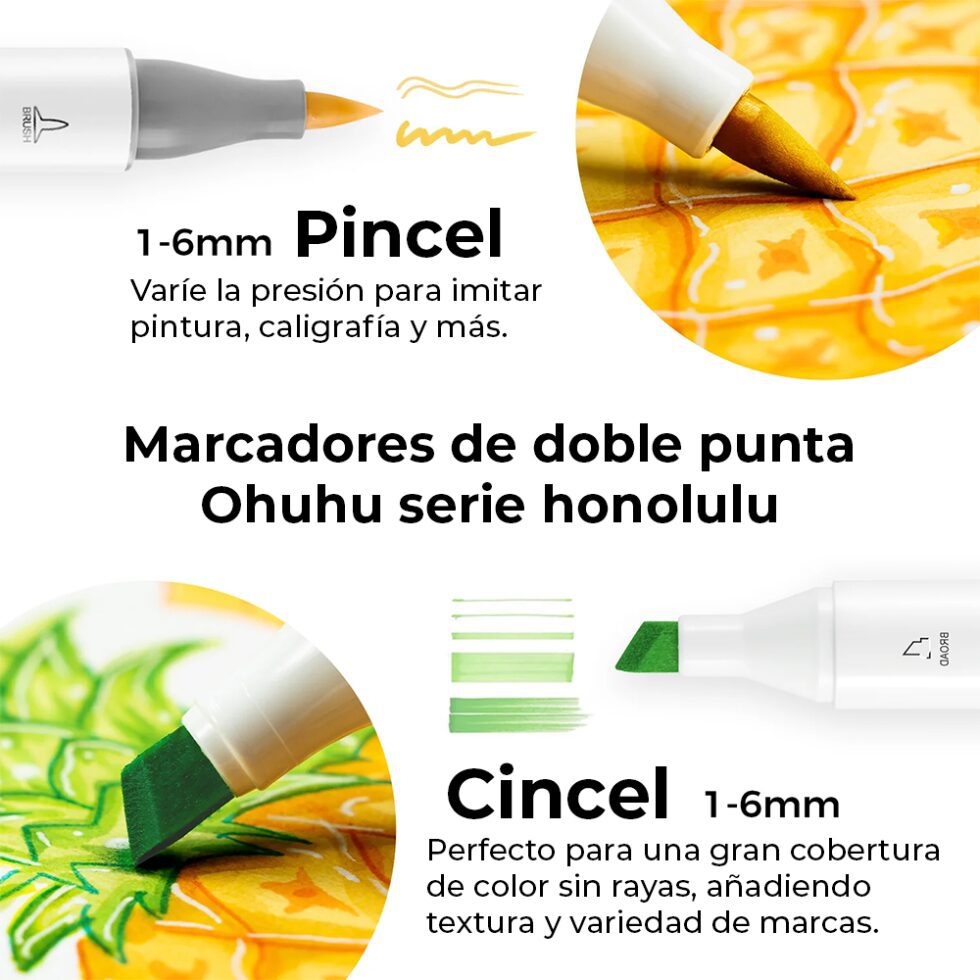 6 Marcadores de Alcohol Honolulu Tonos Piel OHUHU Doble Punta - Imagen 3